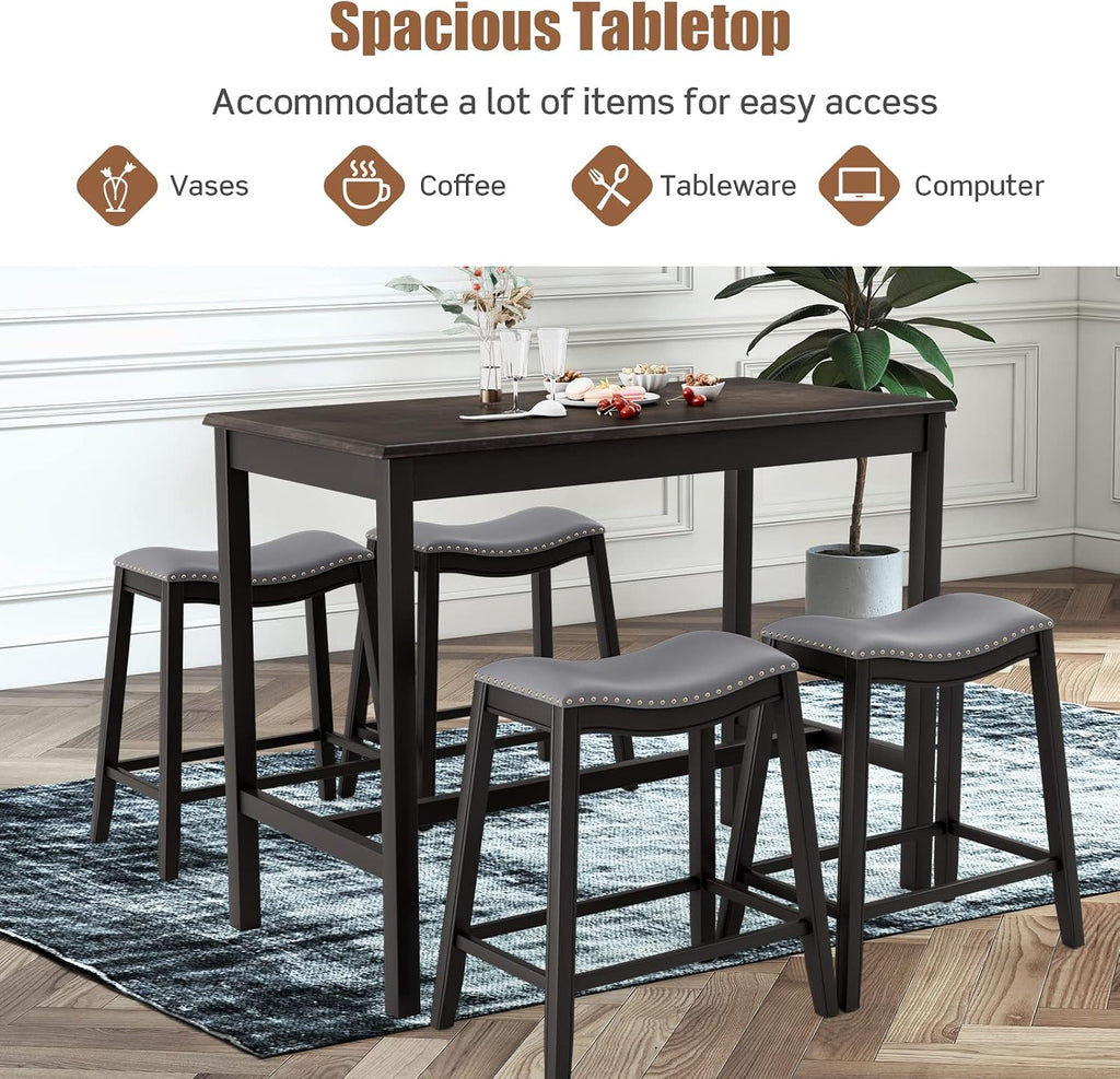 COSTWAY 5-Piece Dining Table Set for 4, Counter Height Breakfast Table and Upholstered 4 Saddle Stools, Space-Saving Design, Rubber Wood Pub Dinette Set for Bistro Dining Room Small Space, Black+Grey