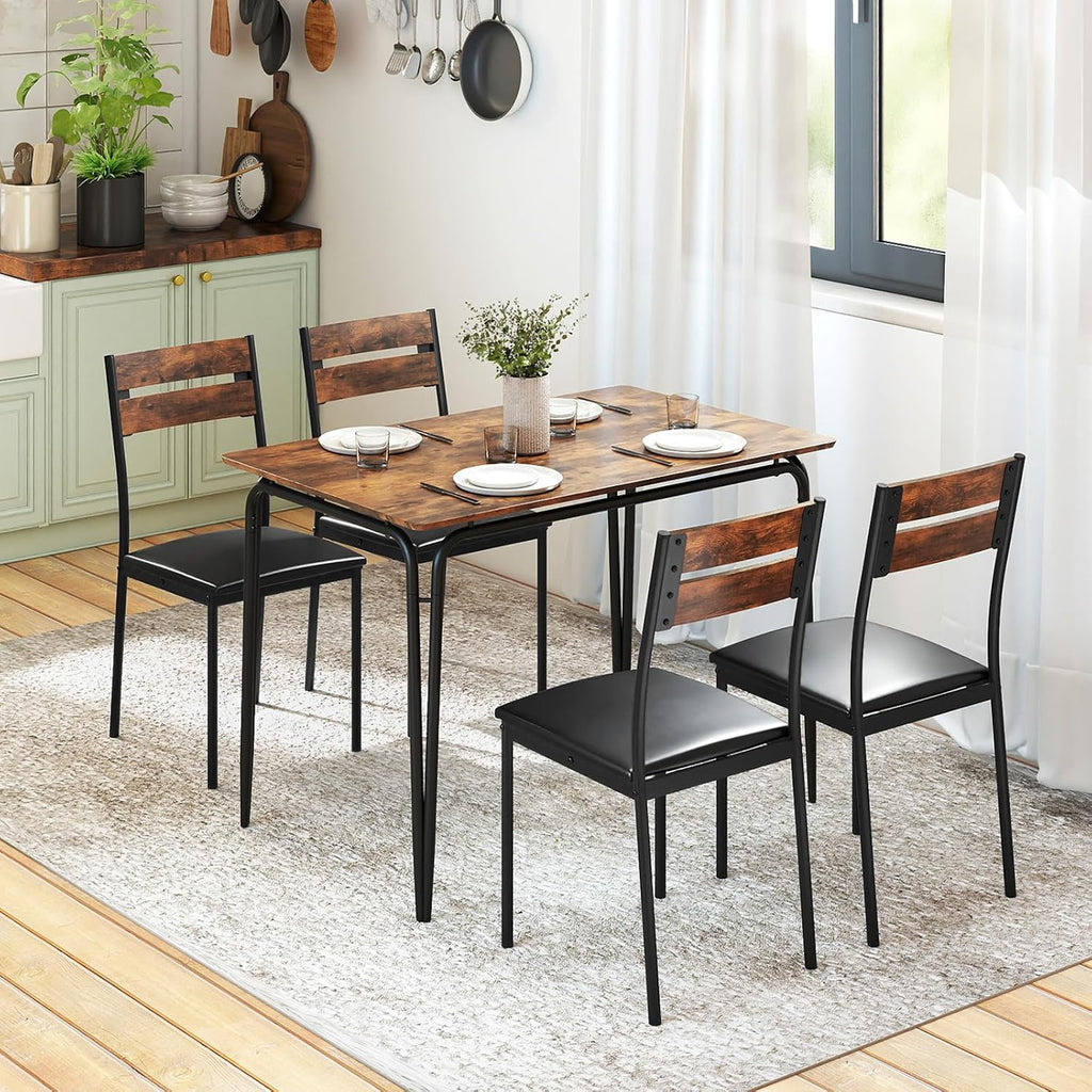Giantex 5-Piece Dining Table Set for 4, 43-Inches Rectangular Kitchen Table & 4 Armless Chairs with Upholstered Seat, Metal Frame, Space-Saving Dinette Set for Living Room (Rustic Brown+Black)