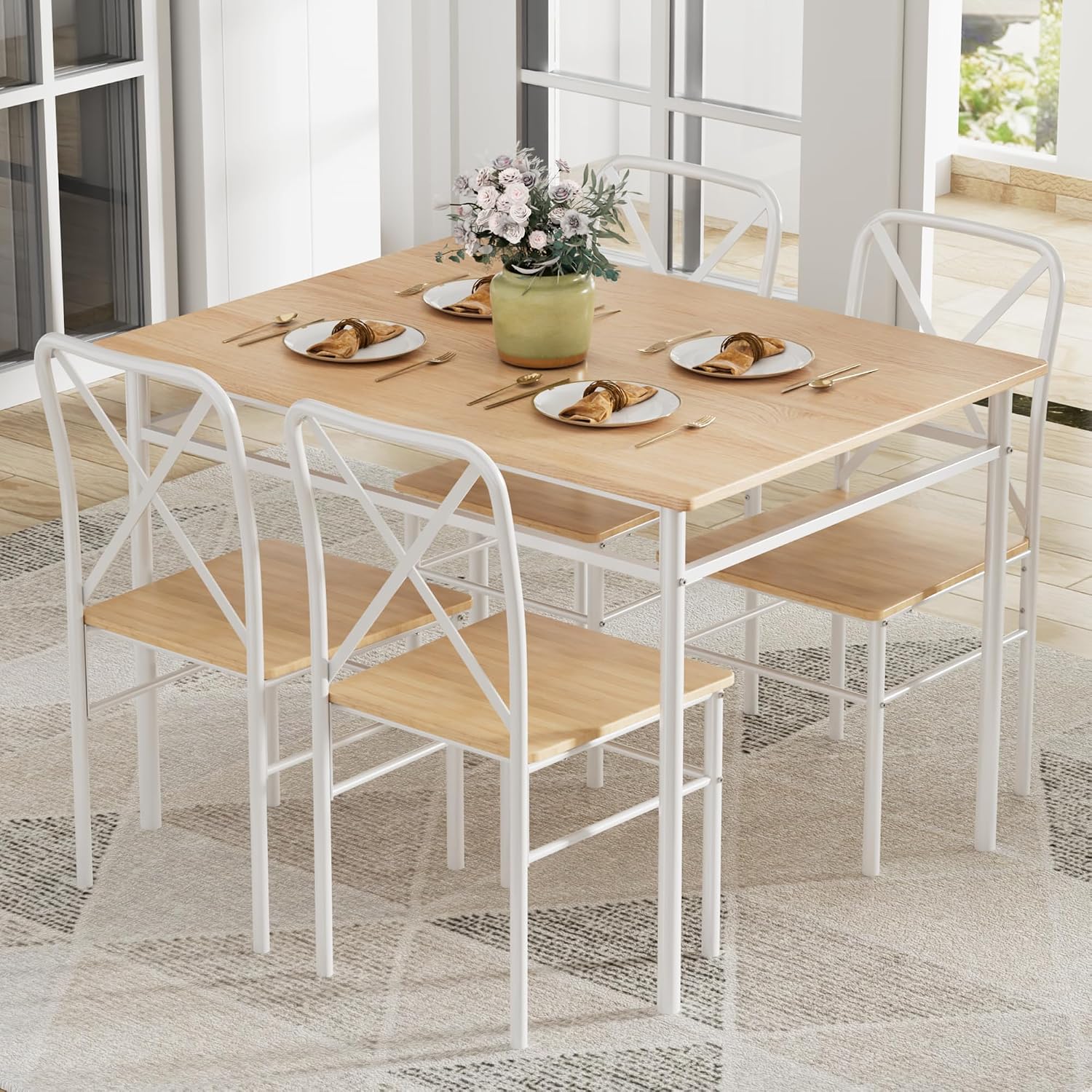 VECELO Dining Table Set for 4, 5-Piece Wood Kitchen Table with Chairs for Small Space, Breakfast Nook, Space-Saving, Natural White