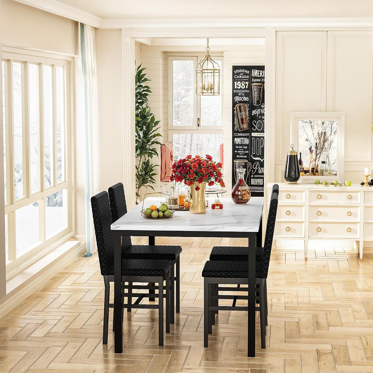 Hooseng Kitchen Table Set 5 Piece Dining Room Table Set Marble Dining Table 4 Chair Dining Table Set for Kitchen Living Room Breakfast Small Spaces (White & Black)
