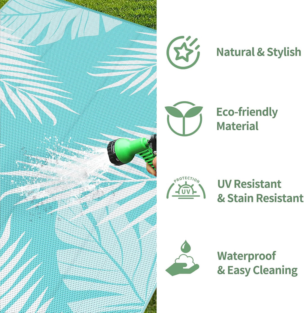 GENIMO Outdoor Rug 10' x 14' Waterproof for Patios Clearance, Reversible Outdoor Plastic Straw Camping Rug Carpet, Large Area Rugs Mats for RV, Camper, Deck, Balcony, Porch, Beach, Aqua Blue&White