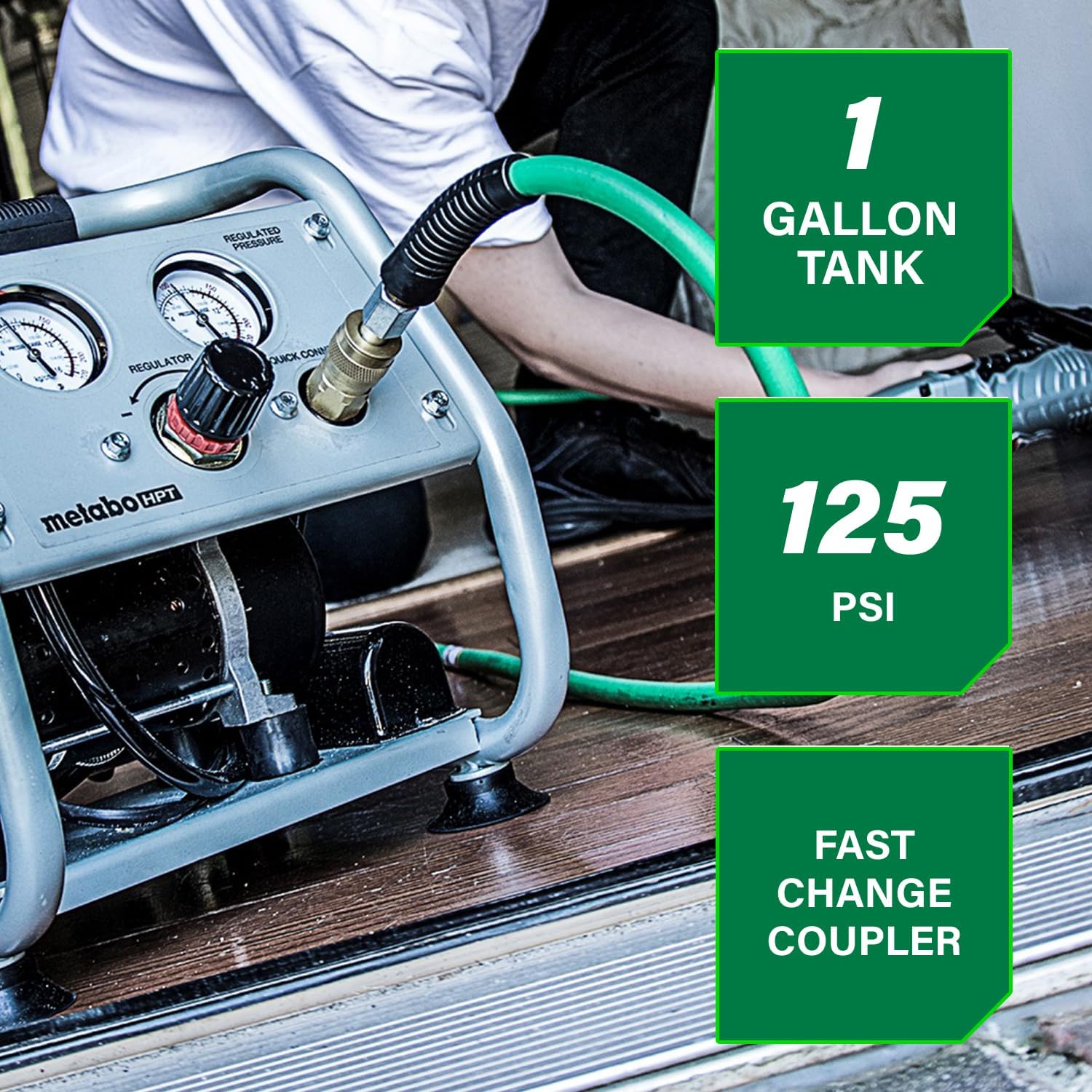 Metabo HPT Quiet Air Compressor, Portable 1 Gallon Oil-Free Air Compressor, Ultra-Quiet Operation at 59 dB, Universal Quick Coupler for Fast Tool Changes, Compact and Lightweight, EC28M
