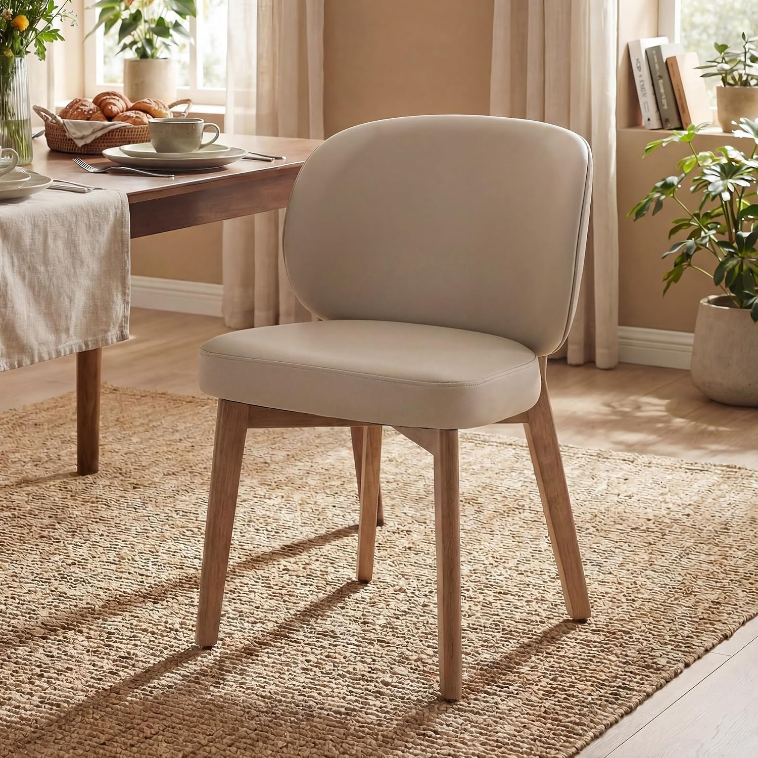 YOUNIKE Dining Chair with High Back Single Mid Century Modern Kitchen Chair Faux Leather Upholstered Armless Accent Chair 20' Wide Padded Seat with Wooden Legs for Dining Living Room Bedroom Khaki