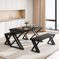 GarveeHome Kitchen Table with 2 Benches, Dining Table Set for 4, Saving Space Dining Room Table Set for Kitchen, Dining Room, Apartment, Sturdy Metal Frame, Black