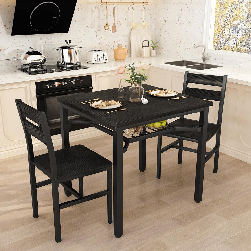 Hooseng 3 Piece Dining Table Set for 2, Small Wooden Kitchen Table with Storage, Farmhouse Square Dinette Set for Dining Room, Breakfast Nook, Apartment, Small Space
