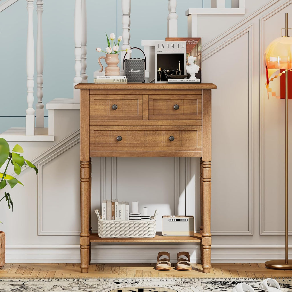 LKTART Small Solid Wood Sofa Table,Console Table with Drawers and Bottom Shelf, Entryway Hallway Foyer Entry Table for Living Room(23.7' Natural)
