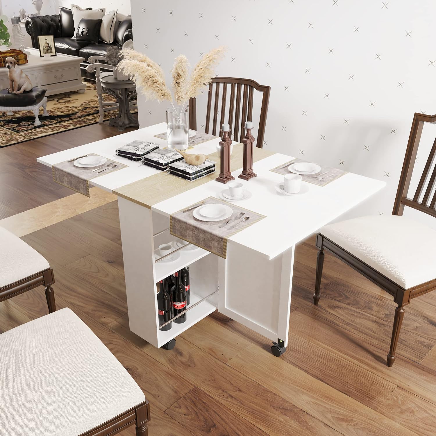 3imothrix Folding Dining Table, Small Dining Table, Space Saving Dining Table with 6 Wheels, Kitchen Table Sewing Table for Small Spaces (White)