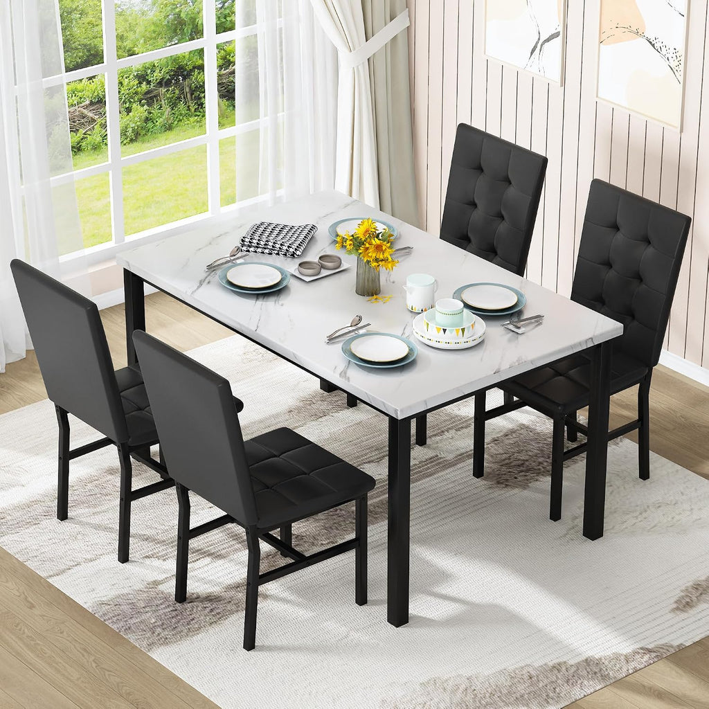 AWQM Dining Table Set for 4,Faux Marble Kitchen Table and Chairs Set of 4, Modern Dining Room Table Set for 4,Dinner Table with 4 Leather Chairs, Dinette Set for Small Spaces (White & Black)