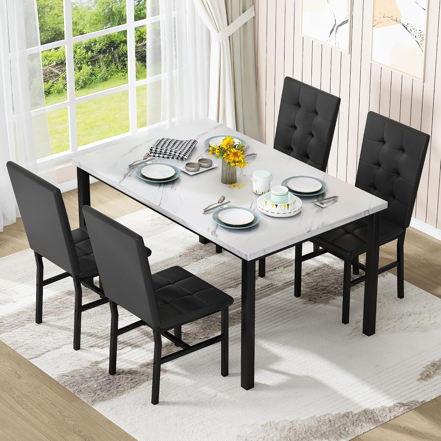 AWQM Dining Table Set for 4,Faux Marble Kitchen Table and Chairs Set of 4, Modern Dining Room Table Set for 4,Dinner Table with 4 Leather Chairs, Dinette Set for Small Spaces (White & Black)