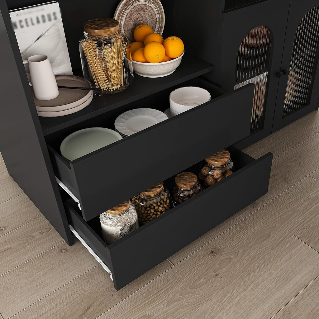 KEIKI Kitchen Island with Extendable & Rotating Table, Expandable Dining Station for 2-4, Kitchen Storage Islands with 4 Drawers & Glass Door Cabinets & Built-in Socket for Dining Room, Black