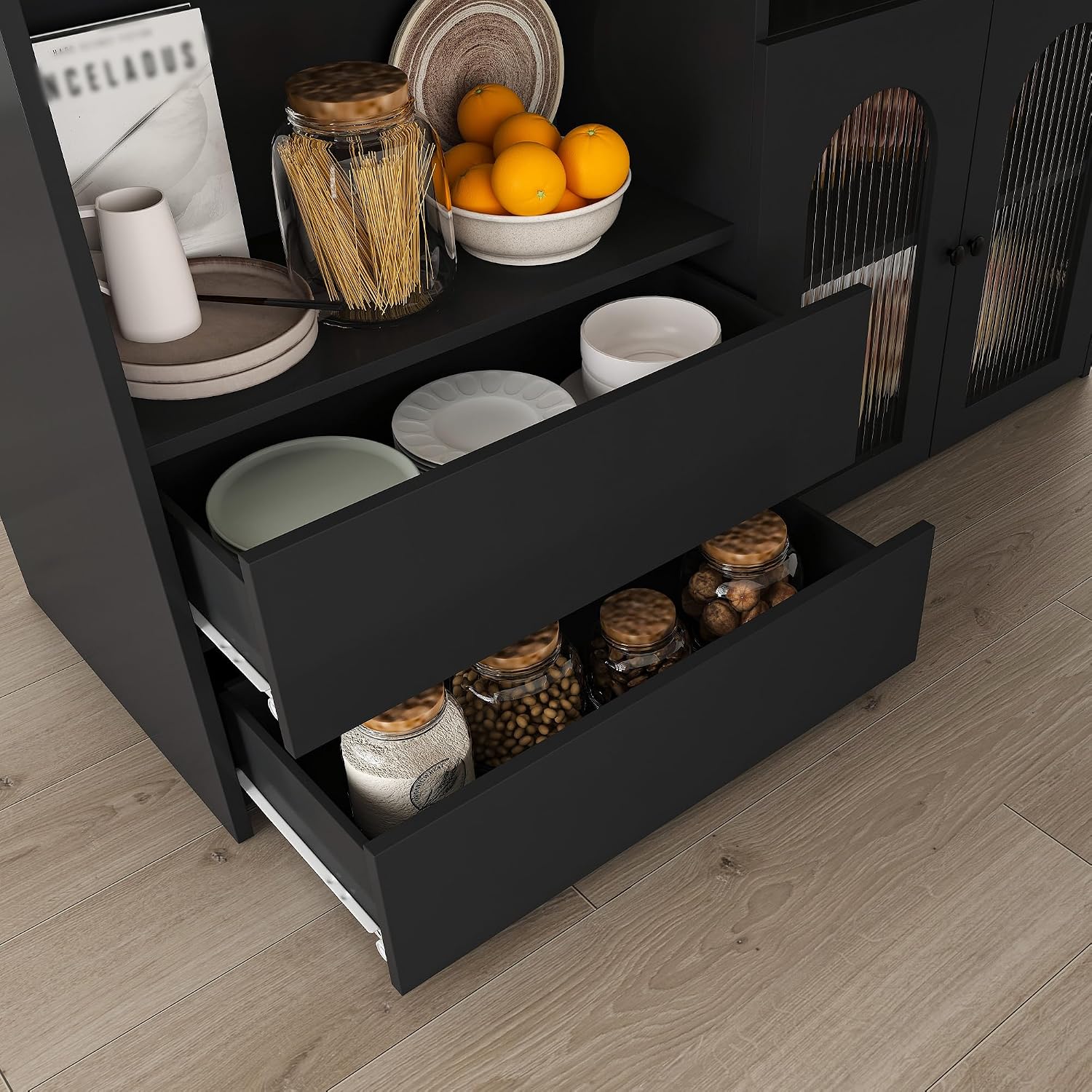 KEIKI Kitchen Island with Extendable & Rotating Table, Expandable Dining Station for 2-4, Kitchen Storage Islands with 4 Drawers & Glass Door Cabinets & Built-in Socket for Dining Room, Black
