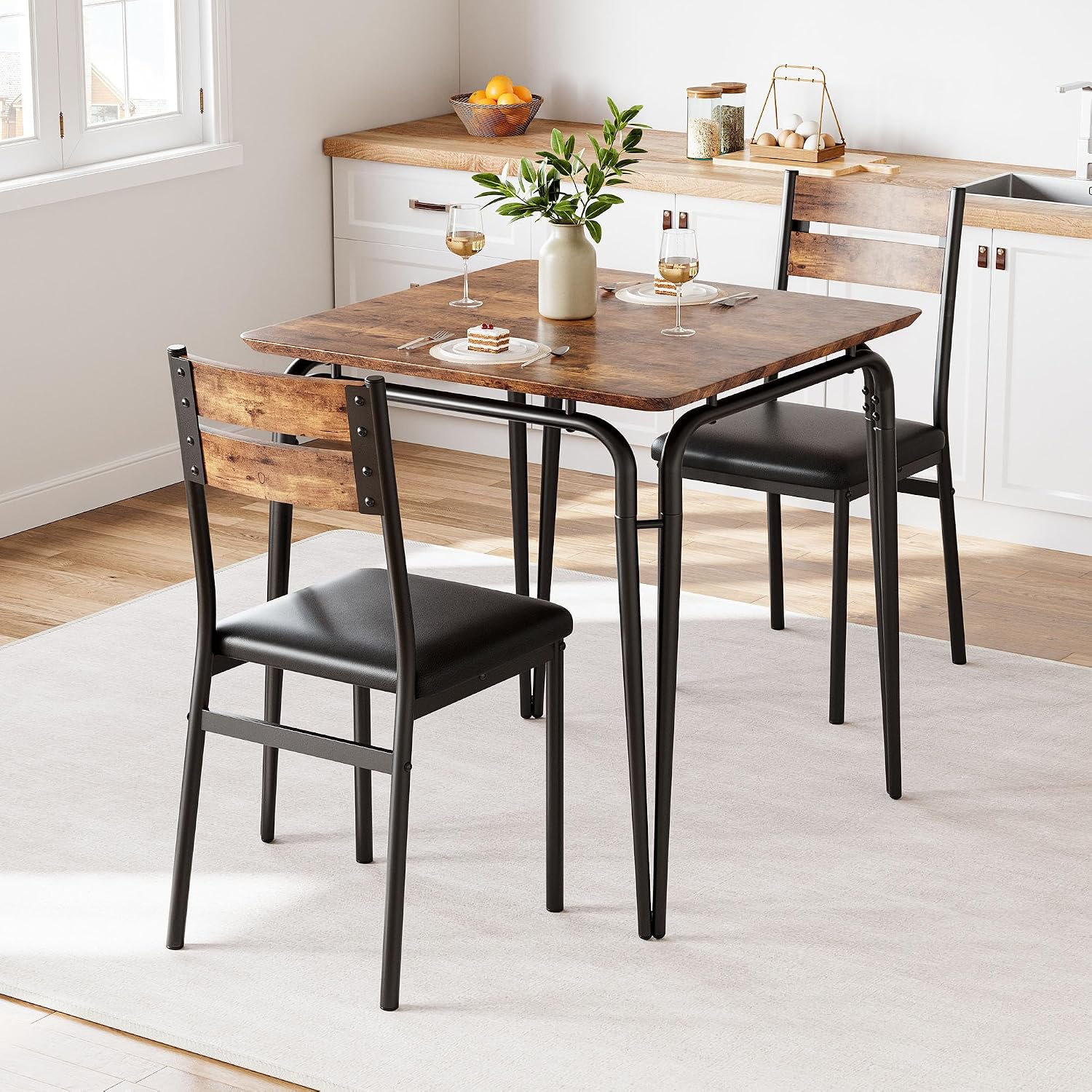 GarveeHome Dining Table for 2, Small Table and Chairs Set of 2, Square Dinette Set for 2, 3 Piece Kitchen & Dining Room Sets for Small Space (Vintage, Table with 2 Upholstered Chairs)
