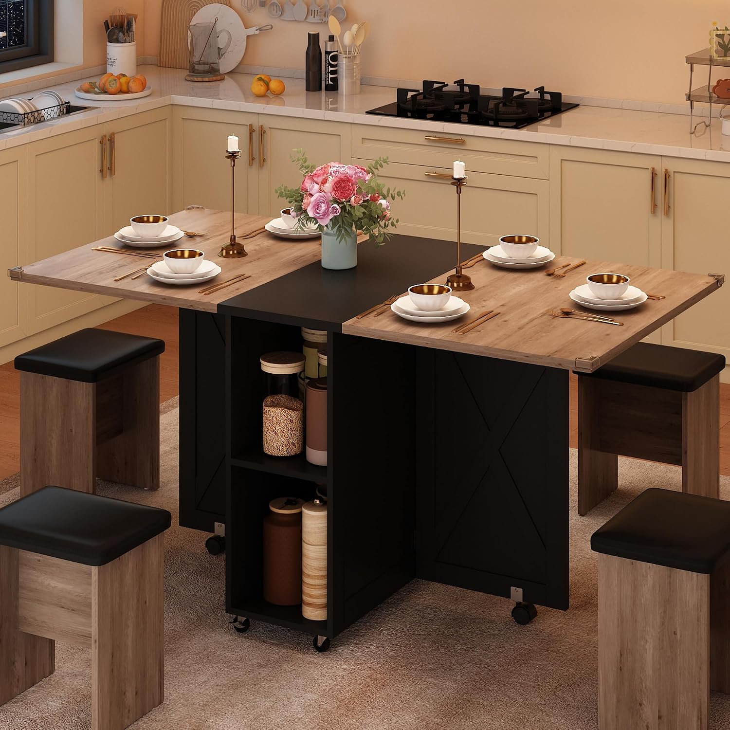 5 PCS Farmhouse Dining Table Set for 4,60' Large Folding Dining Table Set w/ 4 Leather Chairs, Drop Leaf Foldable Kitchen Table for Small Spaces,Barn Door Design,6 Wheels,2-Layer Storage Shelf,Black