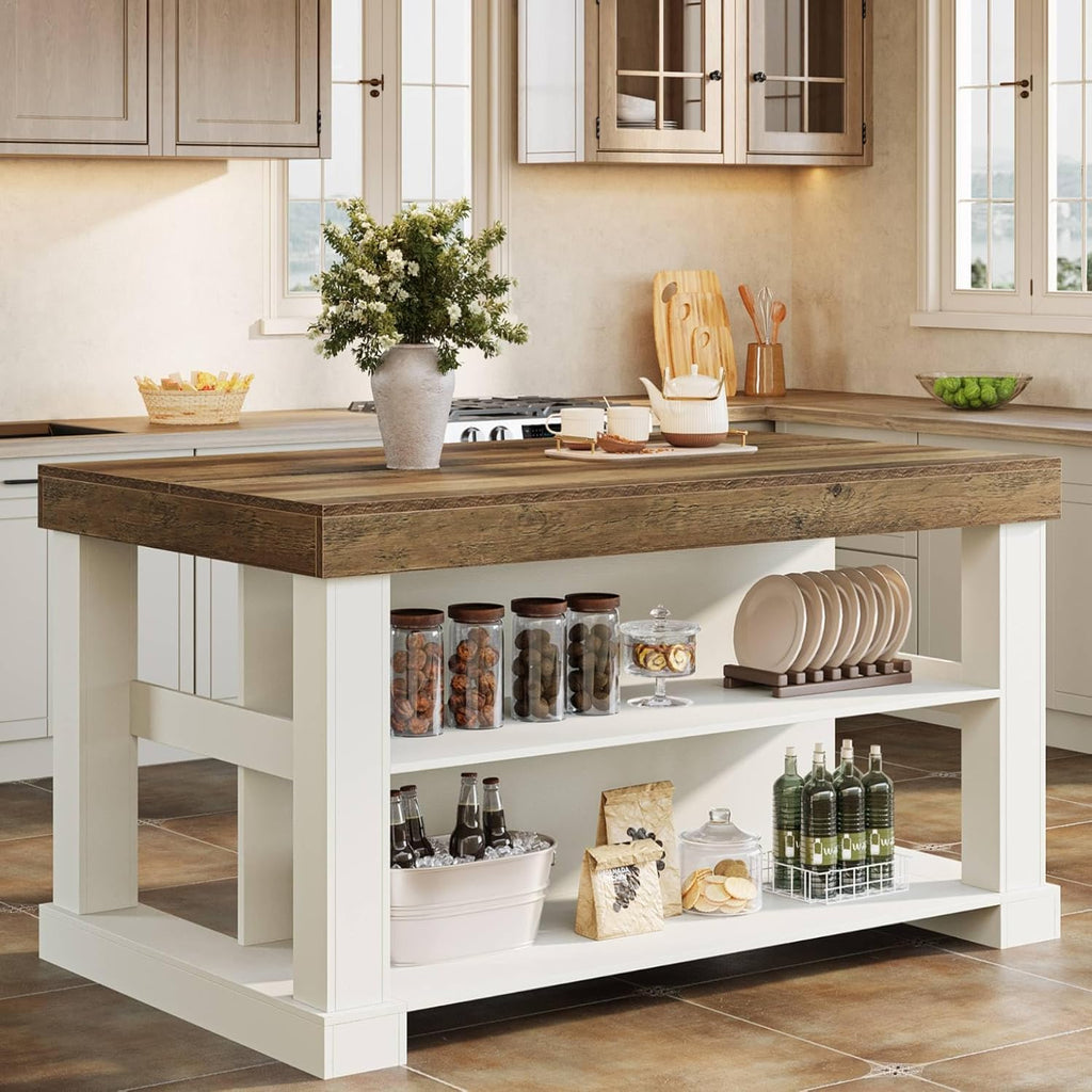 Tribesigns 55' Kitchen Island with Seating and Storage, 3-Tier Farmhouse Wood Stationary Island Table with Large Worktop & Leg Room, Coffee Bar Table with Storage Shelves for Kitchen, White and Brown