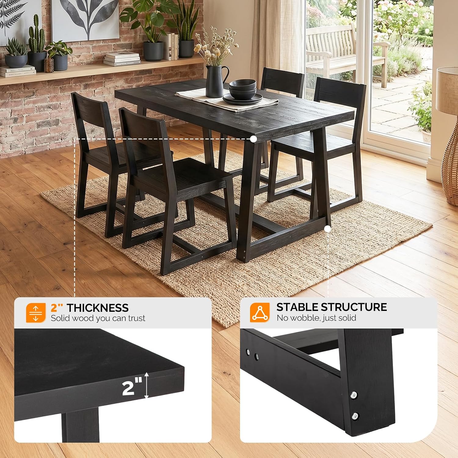 VINGLI 48 Inch Farmhouse Dining Table for 4-6, Solid Pine Wood Table with 4 Corner Protectors, Rectangular Dining Table for Kitchen, Dining Room, Small Apartment, Studio, Family Dinner, Black