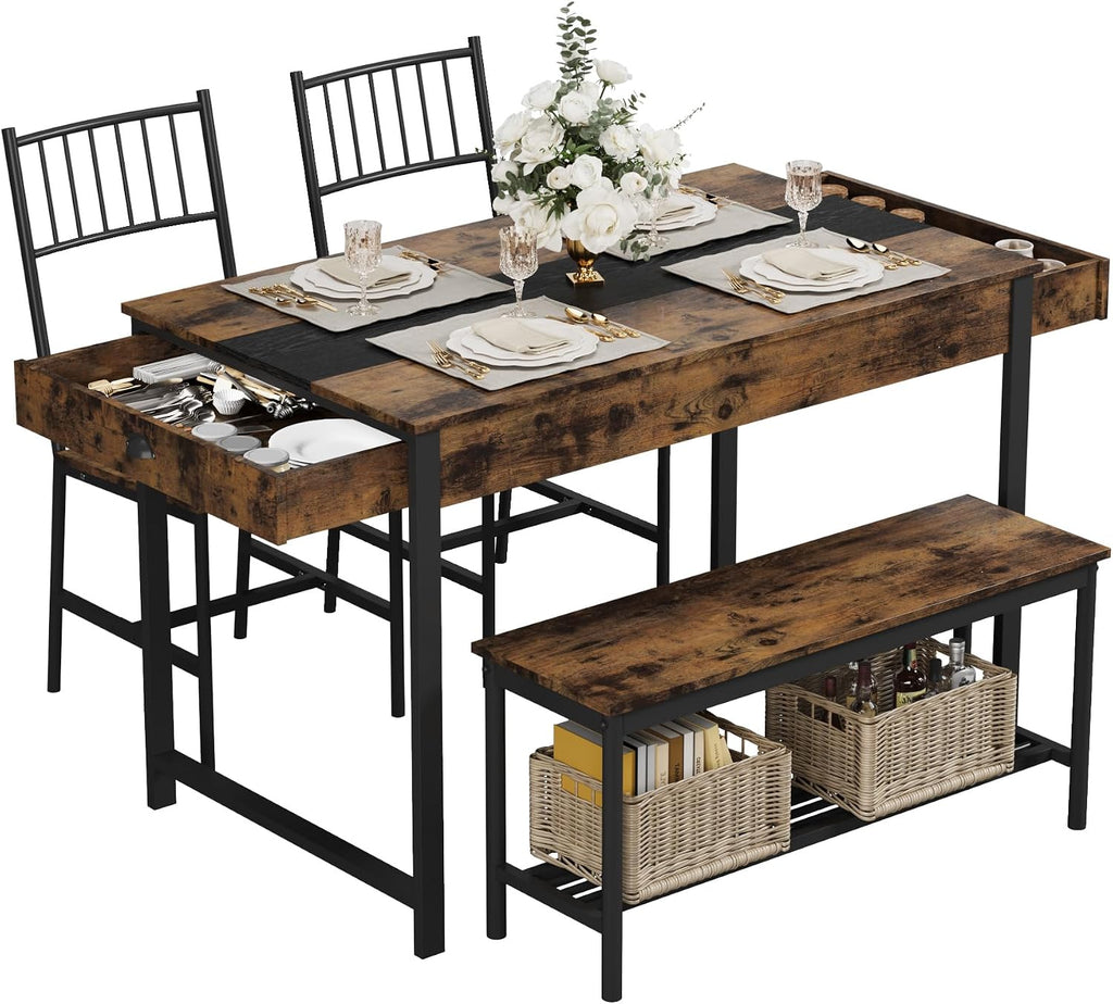 GarveeHome Dining Table Set for 4, Small Kitchen Table and 2 Chairs for 4 with Bench, Space Saving Kitchen Table Set with Storage Rack & Drawers, Breakfast Nook Rectangular Farmhouse Table Set, Retror