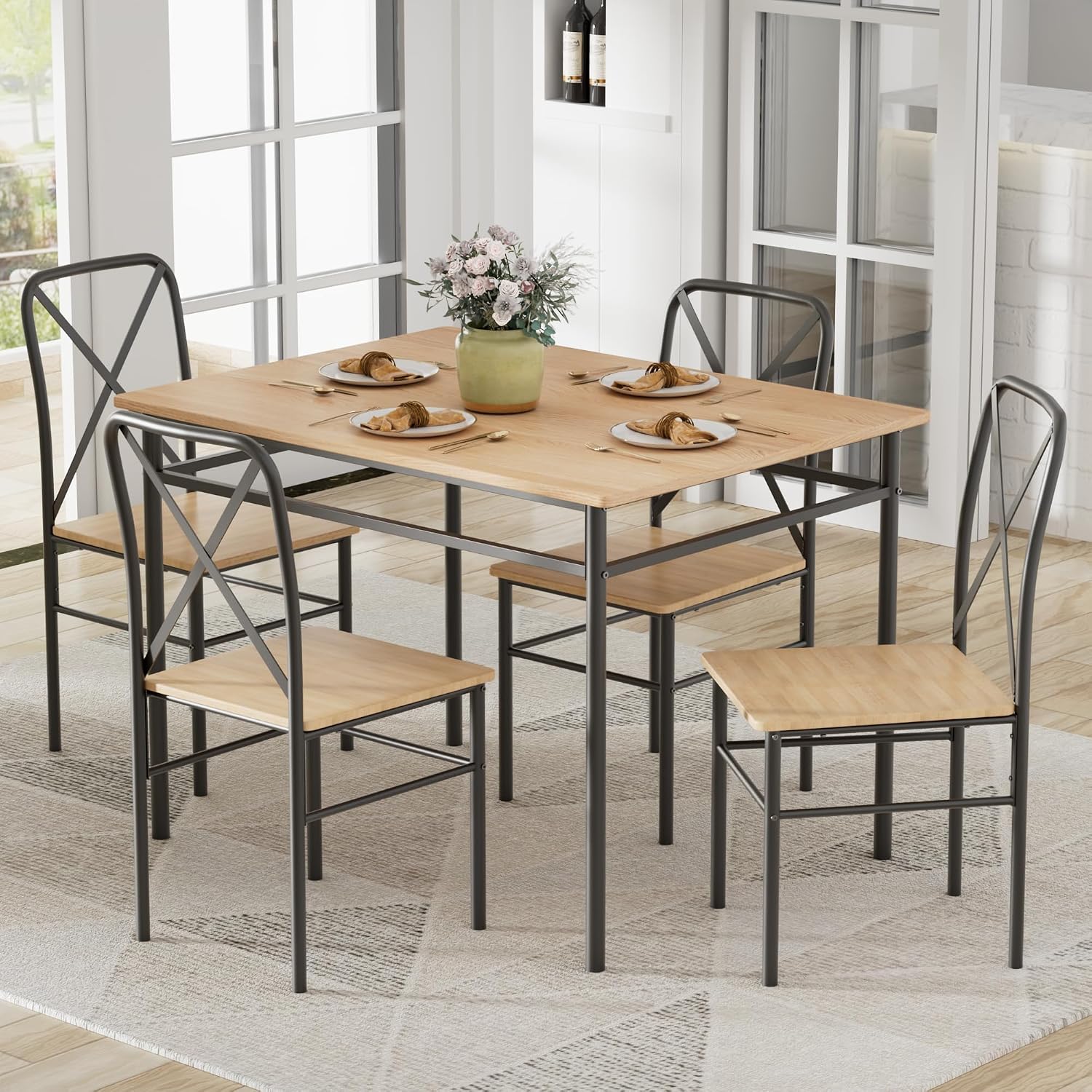 VECELO Dining Table Set for 4, 5-Piece Wood Kitchen Table with Chairs for Small Space, Breakfast Nook, Space-Saving, Natural Black
