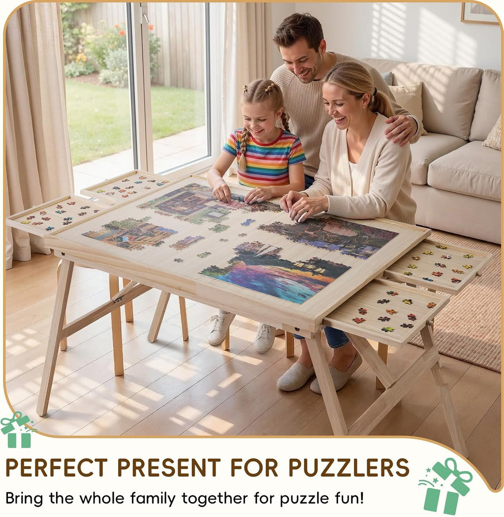 TEAKMAMA 27.6' H Tall 2000 Piece Puzzle Table with Legs, 41' W x 28.5' D Large Wood Folding Jigsaw Puzzle Board with Cover for Adults, 4 Drawers, Nature