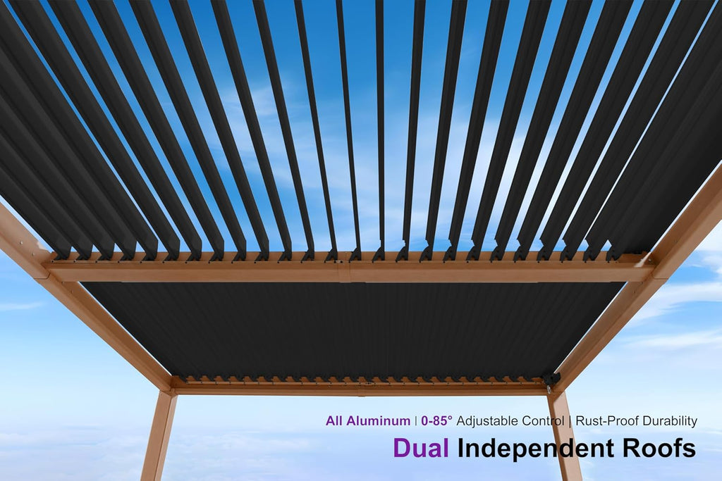 PURPLE LEAF Louvered Pergola 10' x 14' Outdoor Aluminum Wood Grain Pergolas with 24 Clear Lights Adjustable Roof Retractable Patio Rainproof Hardtop Gazebo for Deck Backyard Garden, Deep Teak