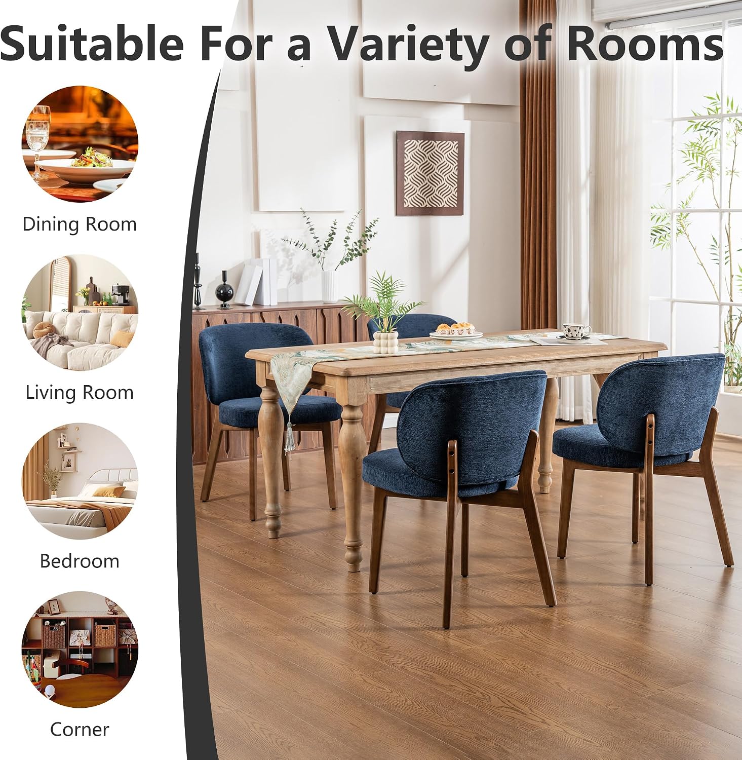 YOUNIKE Dining Chair with Back Single Mid Century Modern Kitchen Chair Boucle Fabric Upholstered Armless Chair 20' Wide Padded Seat with Wooden Legs for Kitchen Dining Living Room Bedroom Navy Blue