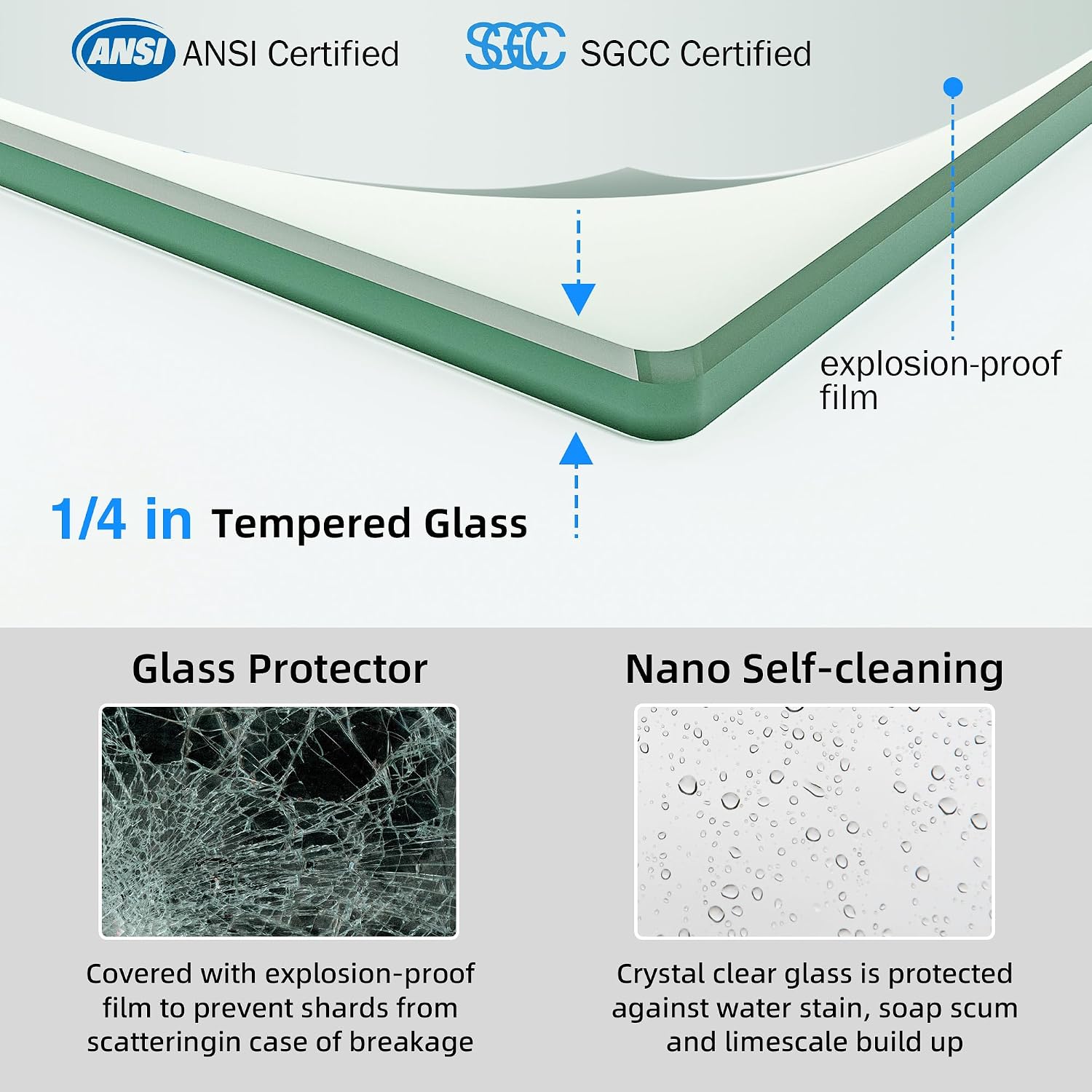 43-48' W x 70' H Upgraded Double Sliding Shower Door, Semi-Frameless Shower Door with Explosion-Proof Film and Nano Coating, 1/4' (6MM) SGCC Tempered Glass, Matte Black Finish