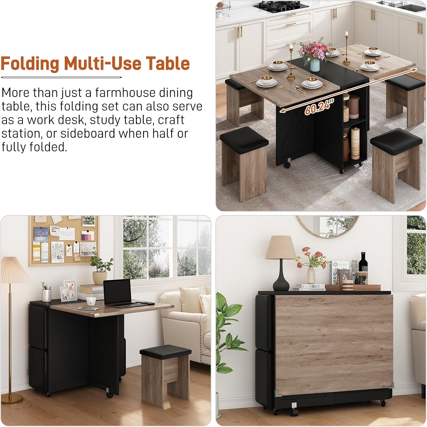 5 PCS Farmhouse Dining Table Set for 4,60' Large Folding Dining Table Set w/ 4 Leather Chairs, Drop Leaf Foldable Kitchen Table for Small Spaces,Barn Door Design,6 Wheels,2-Layer Storage Shelf,Black