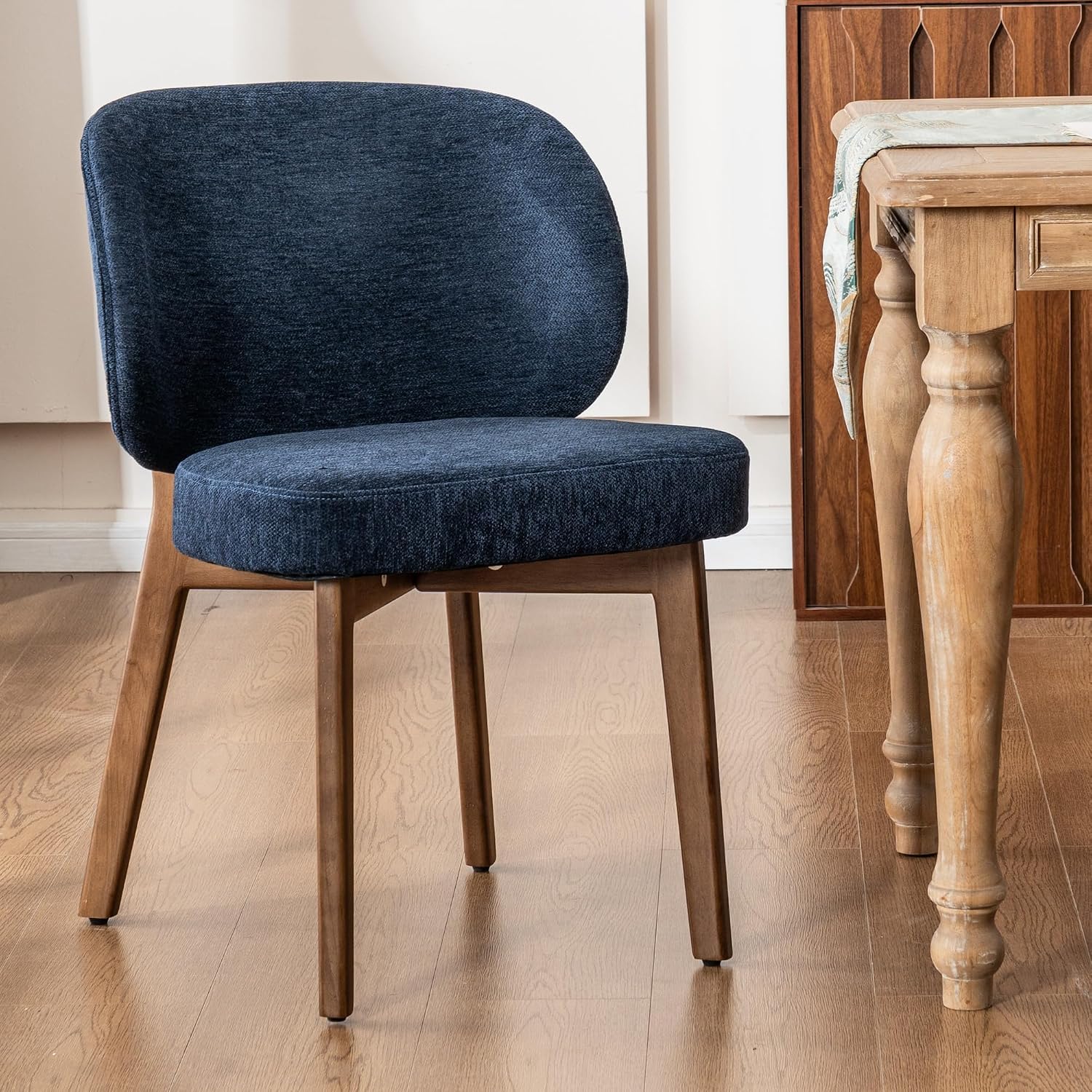 YOUNIKE Dining Chair with Back Single Mid Century Modern Kitchen Chair Boucle Fabric Upholstered Armless Chair 20' Wide Padded Seat with Wooden Legs for Kitchen Dining Living Room Bedroom Navy Blue