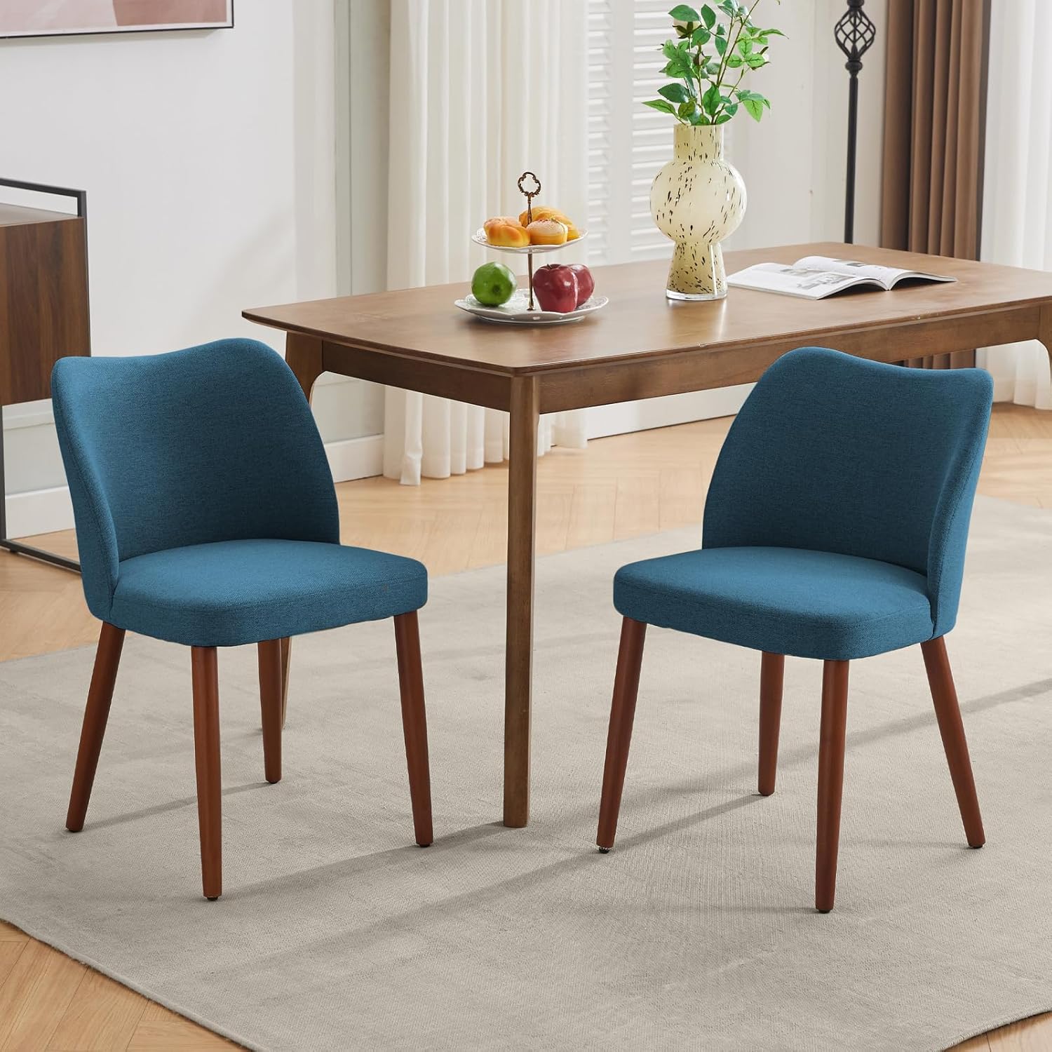 GarveeHome Linen Dining Chairs Set of 2 Upholstered Fabric Dining Chair with Wood Legs, Wing Backrest, Wooden Kitchen Chairs with Thick Cushions, Leveling Feet for Dining Room, Living Room, Blue