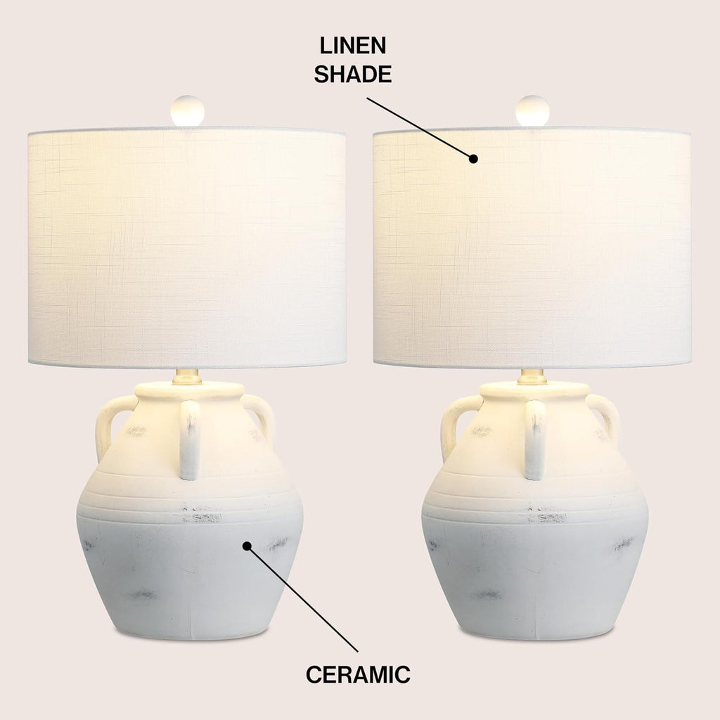 JONATHAN Y 20.5' White Ceramic Pottery Jar Table Lamp Set of 2 for Bedroom Living Room, Rustic Coastal French Country Cottage Style, White Linen Shade, LED Bulbs Included JYL5502A-SET2