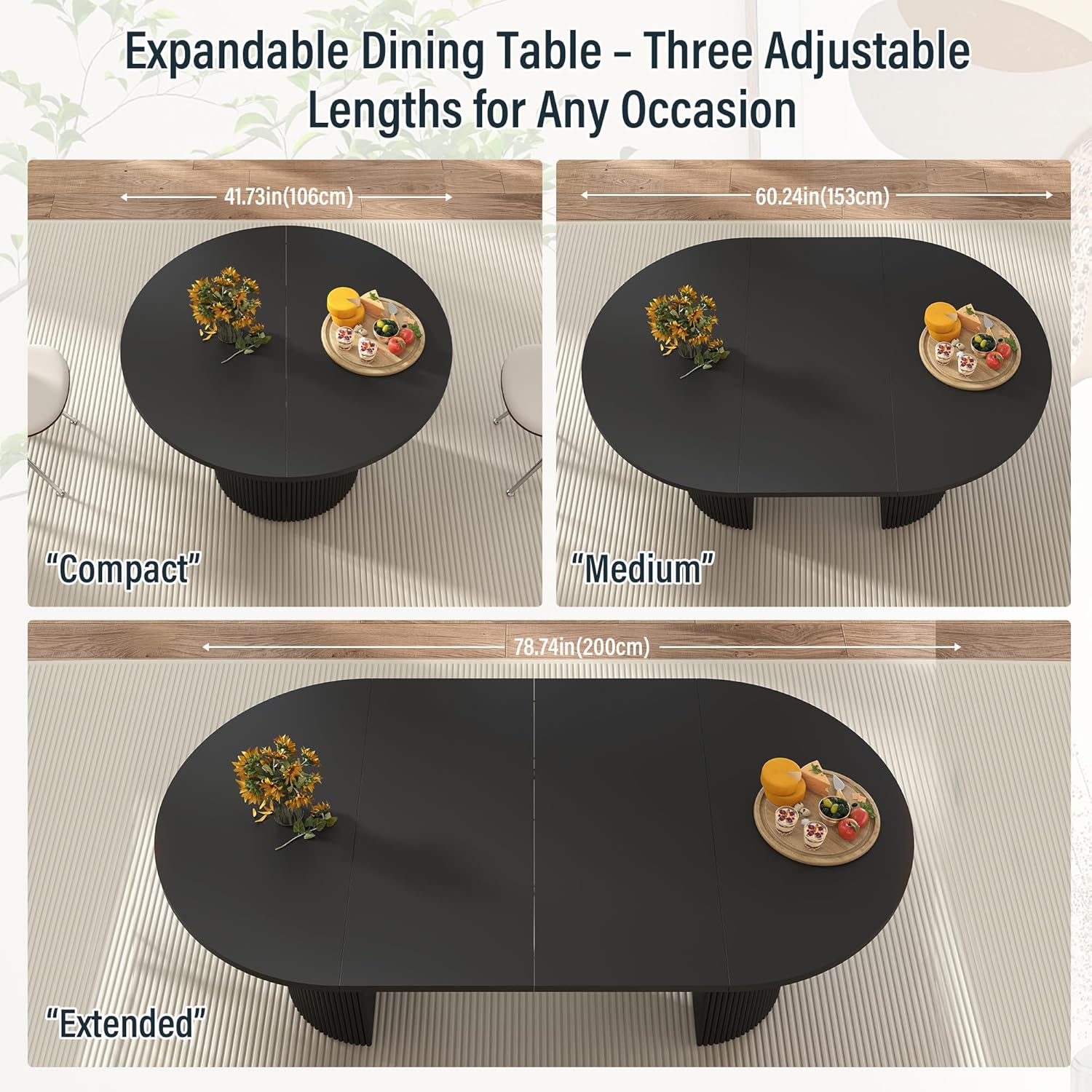 41 in-78 in Extendable Dining Room Table for 4-8, Round Expandable Kitchen Table with Fluted Base, Modern Oval Dinner Tables for Dining Room Kitchen Living Room (Black)