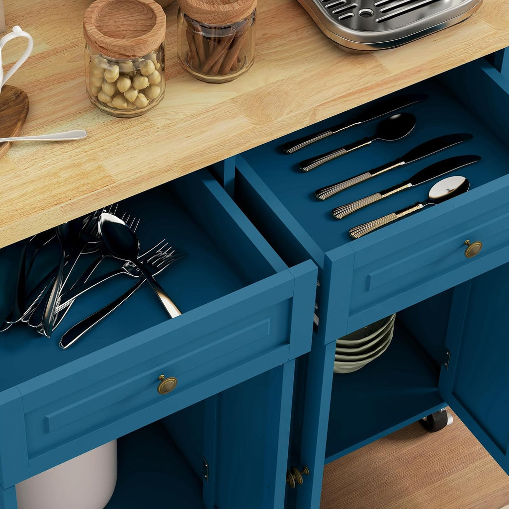HOMCOM Kitchen Island Cart with Solid Wood Top, 44' Mobile Kitchen Island Table on Wheels with Storage Cabinets, 2 Drawers, Adjustable Shelves, Spice Rack & Towel Bar for Dining Room, Turquoise