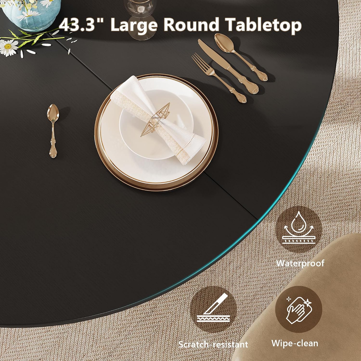 Einhomn 59' Extendable Round Dining Table for 6-8, Kitchen Table with Sturdy Double Arc Base & Backboard Clasp Desktop, Mid-Century Modern Dinner Table, Kitchen Dining Room, Space Saving, Black