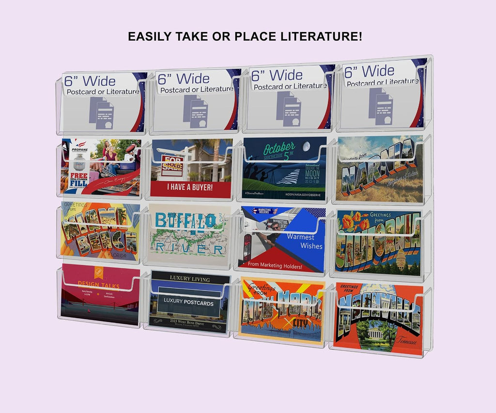 Marketing Holders Post Card Holder Acrylic 16 Pockets Holds 6' Printed Media Hanging Hardware Included Use at Real Estate Offices Hotels Resorts Convention Centers Hotels Eye Catching Clear