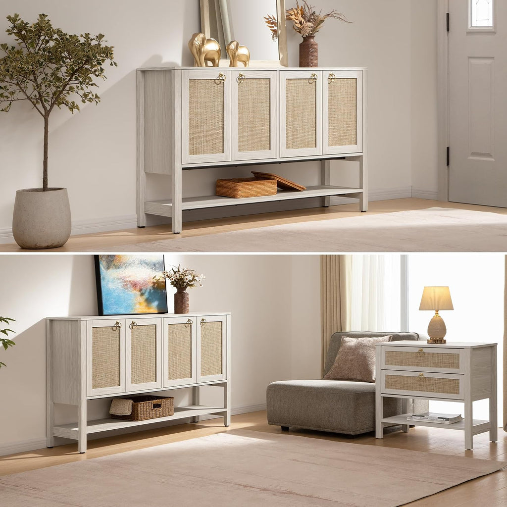 SICOTAS Rattan Sideboard Buffet Cabinet with Open Storage - Large Storage Cabinet with 4-Doors and Adjustable Shelves, Boho Credenza Coffee Bar Cabinets Buffet Table Console Table for Kitchen,Hallway