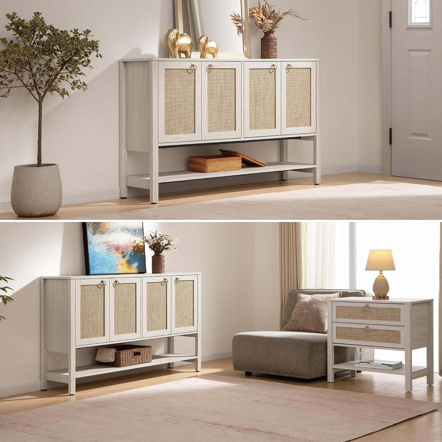 SICOTAS Rattan Sideboard Buffet Cabinet with Open Storage - Large Storage Cabinet with 4-Doors and Adjustable Shelves, Boho Credenza Coffee Bar Cabinets Buffet Table Console Table for Kitchen,Hallway