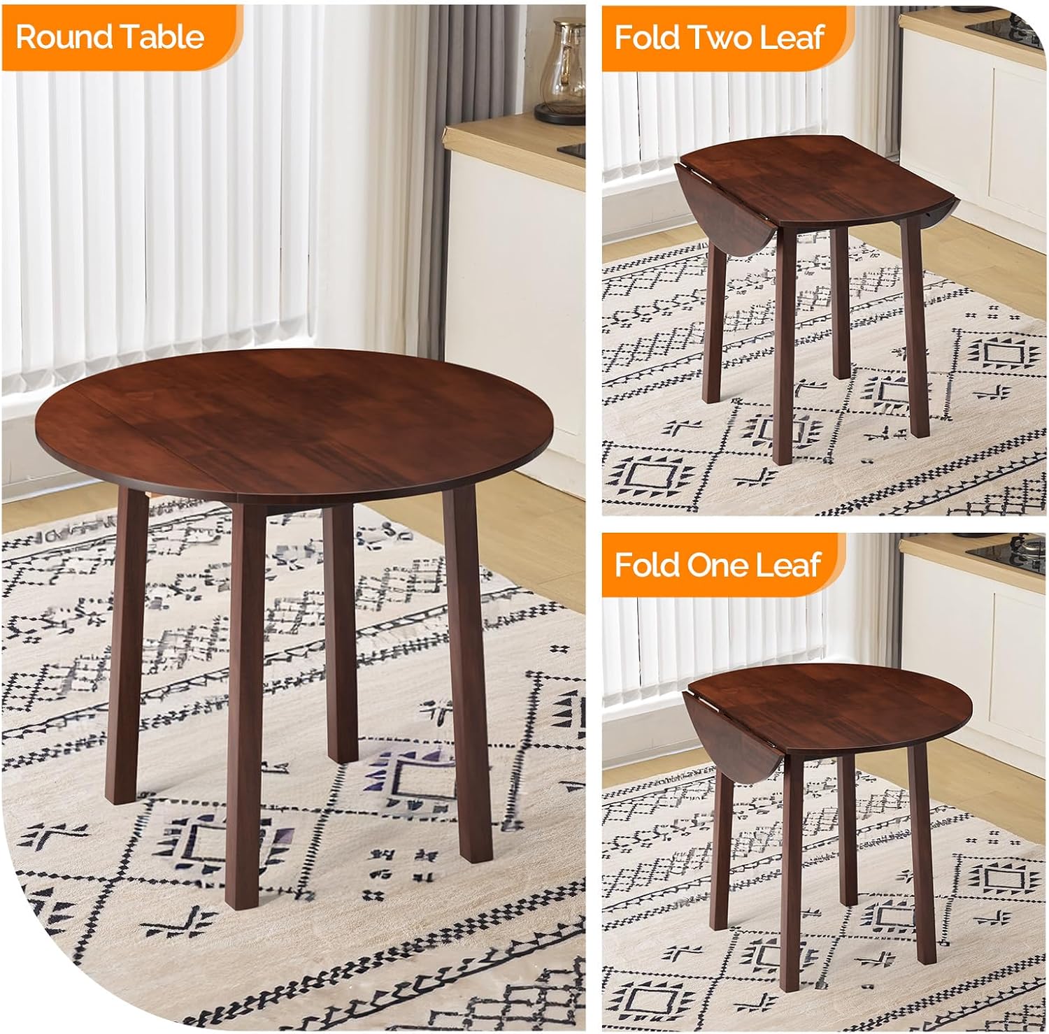 VINGLI 35' Solid Wood Folding Dining Table, Drop Leaf Kichen Dining Room Desk for Small Spaces, Small Kitchen, Expandable Folding Round Table for Home, Apartment,Office, Brown