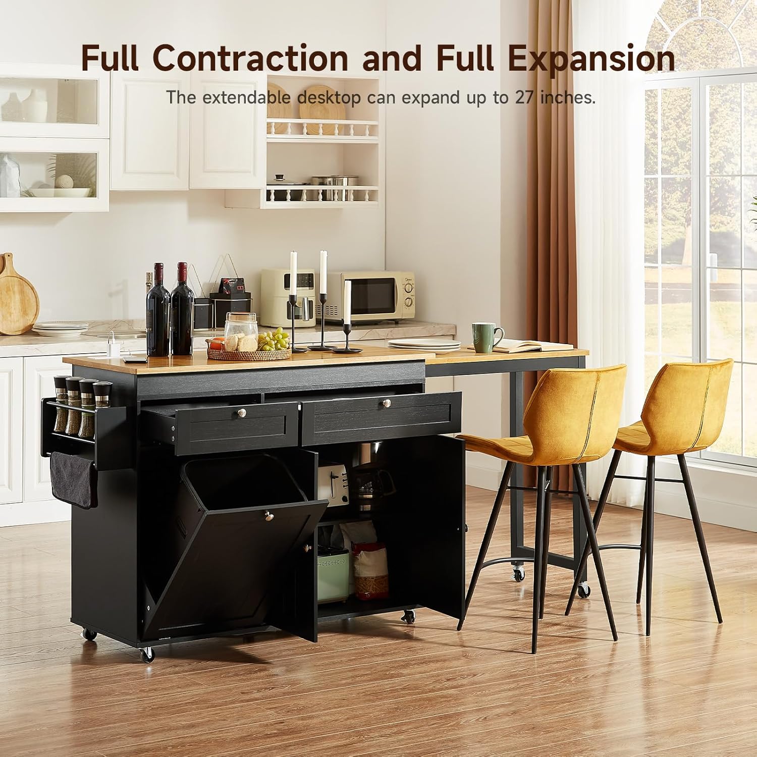 ONBRILL Kitchen Islands with Extendable Dining Table, 81.7' Mobile Kitchen Storage Islands, Rolling Kitchen Cart with Trash Cabinet, Power Outlet, Spice Rack & Towel Rack (Black)