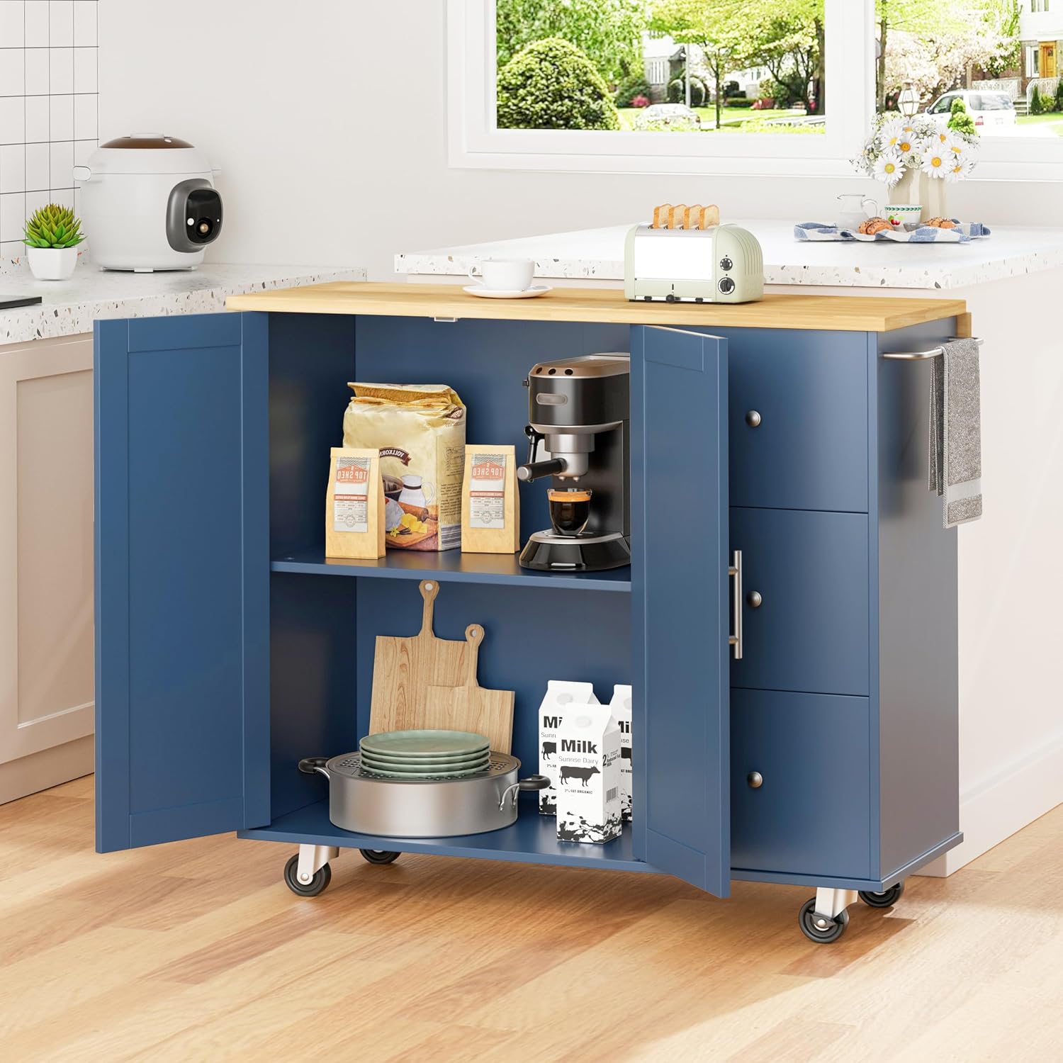 Shintenchi Kitchen Island with Folding Drop Leaf, Rolling Island Table with Storage, Kitchen Cabinet on Wheels with Seating Area for Kitchen, Bar Cart with Cabinet, Blue