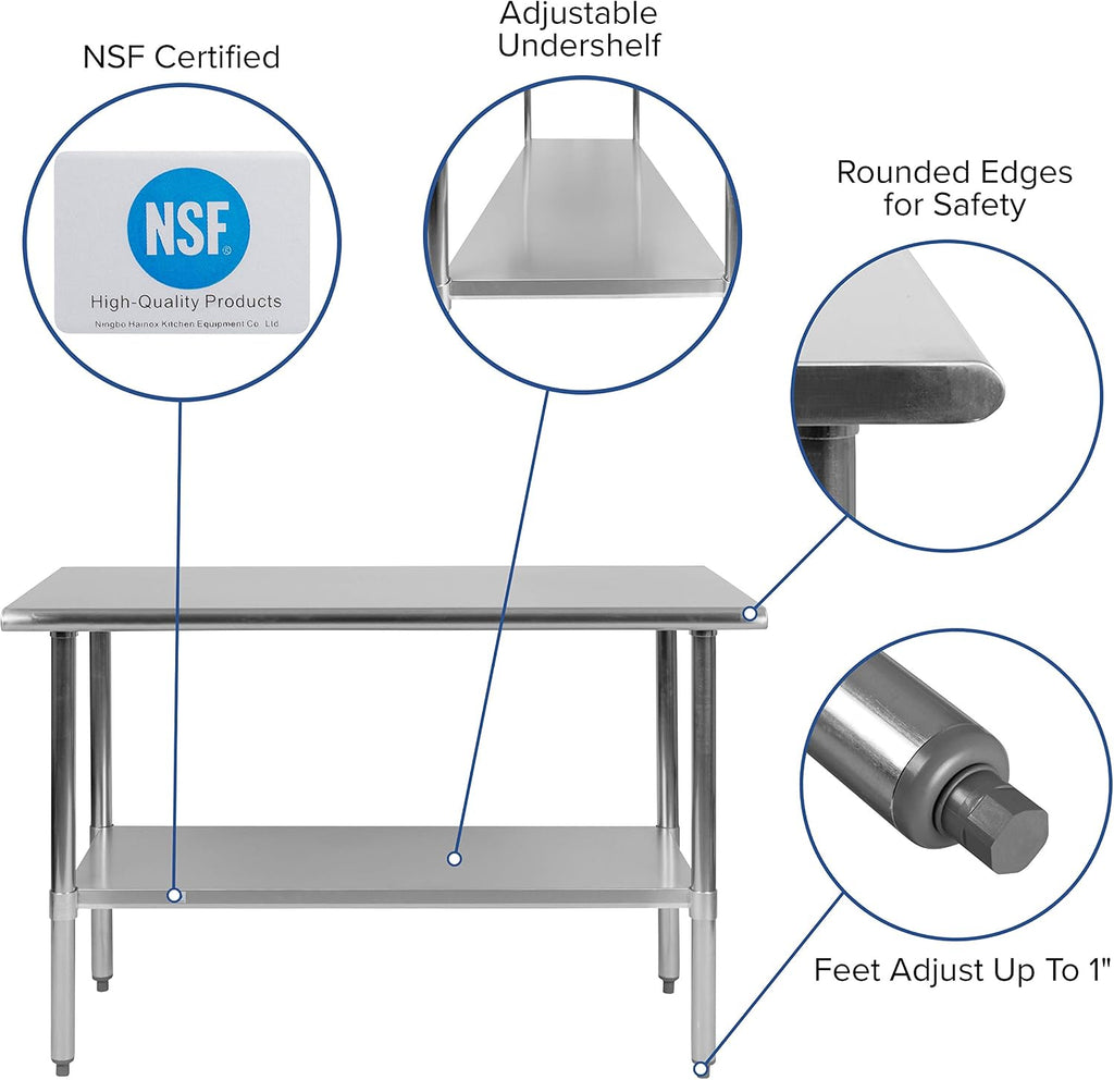 Flash Furniture Rawcliffe NSF Certified Stainless Steel Kitchen Prep and Work Table, Commercial Work Table with Storage, 48'W x 24'D x 34.5'H, Silver