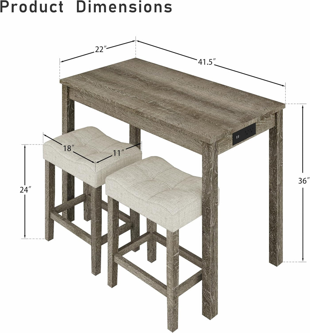 allamazing 3-Piece Counter Height Bar Table Set with Socket and 2 Fabric Padded Bar Stools, Tall Kitchen Breakfast Dining Table Set with Stools (1+2 Natural)