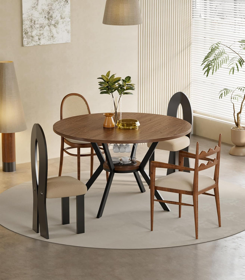 42' Round Dining Table for 4, Farmhouse Kitchen Table with Storage, Space Saving Circle Dinner Table, Rustic Wood Kitchen & Dining Room Tables with Metal Legs for Kitchen, Living Room, Dining Room
