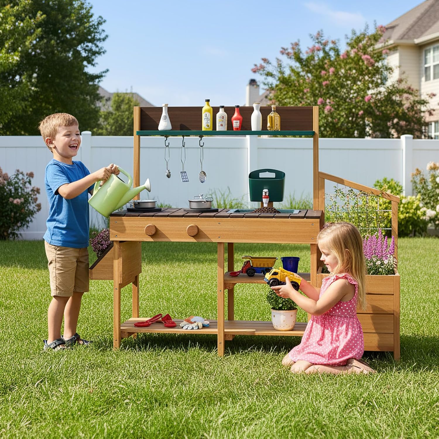 HONEY JOY Mud Kitchen, Cedar Wood Pretend Play Kitchen for Toddlers, Plant Growing Box & Trellis, Real Faucet w/Running Water, Sink, Accessories, Outdoor Kids Kitchen Playset for Garden Fun(Natural)