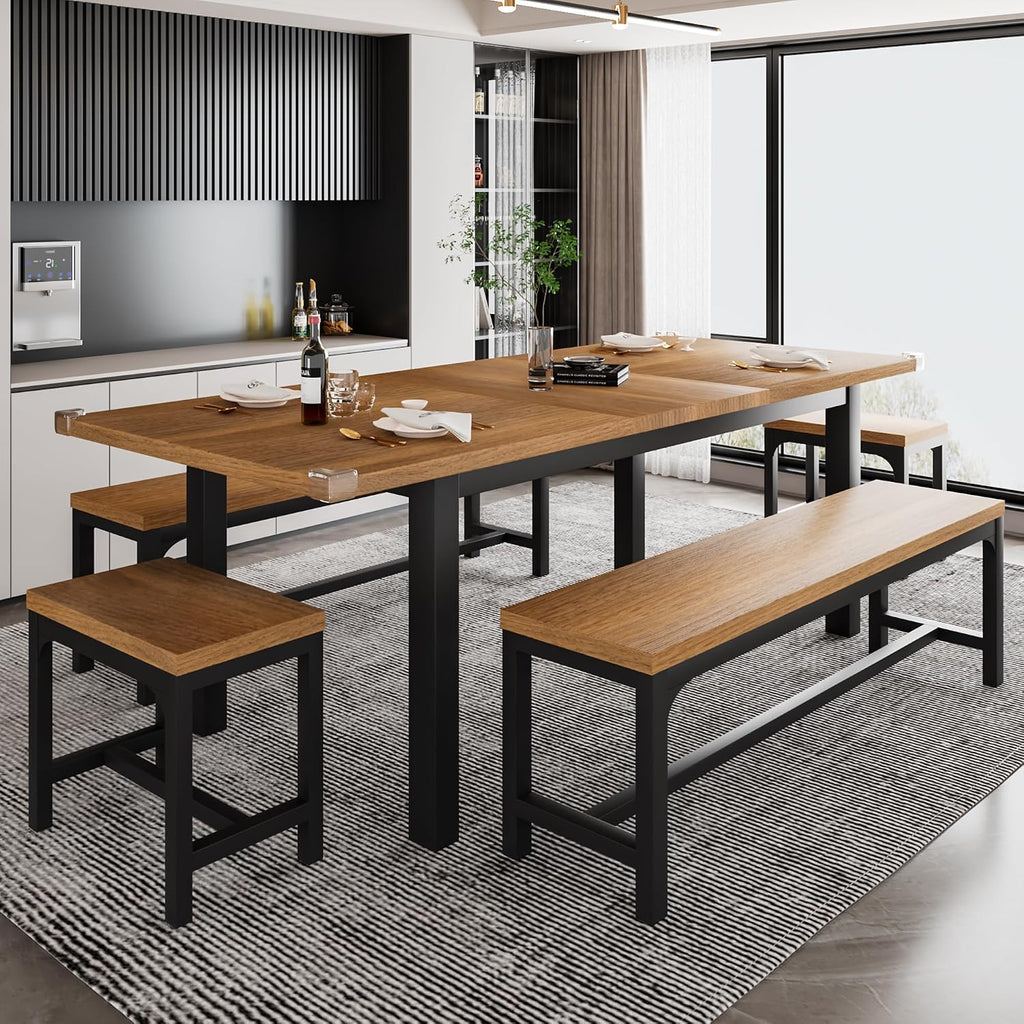 iPormis 5-Piece Dining Table Set for 4-8 People, Extendable Kitchen Table Set with 2 Benches and 2 Square Stools, Mid-Century Dining Room Table with Metal Frame & MDF Board, Saving Space, Walnut