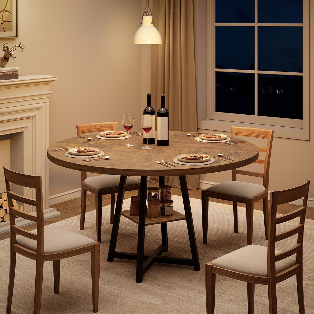 Garvee 47.2 in Round Dining Table for 4-6 People, Industrial Round Kitchen Table with Sturdy Metal Pedestal Base & Storage Shelf, Circle 4 Dinner Table for Dinner, Kitchen, Dining Room