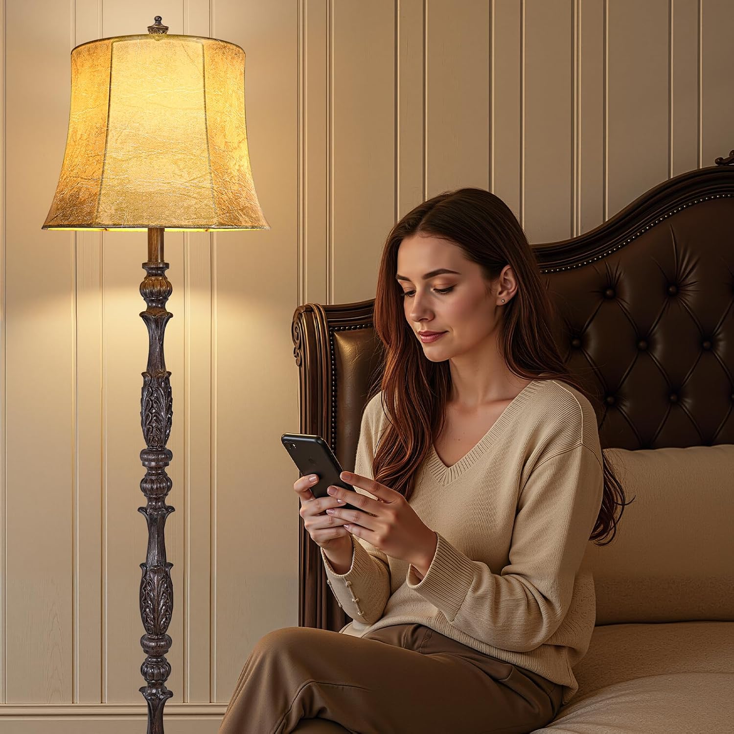 Scenekoy Vintage 66' Tall Floor Lamp for Living Room Bedroom, Retro Resin Carved Standing Lamp with Faux Leather Shade, 3-Way Adjustable Bulb, Rotary Switch Rustic Corner Light for Home Decor