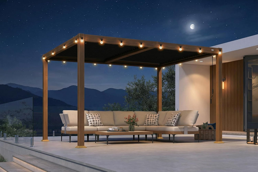PURPLE LEAF Louvered Pergola 10' x 14' Outdoor Aluminum Wood Grain Pergolas with 24 Clear Lights Adjustable Roof Retractable Patio Rainproof Hardtop Gazebo for Deck Backyard Garden, Deep Teak