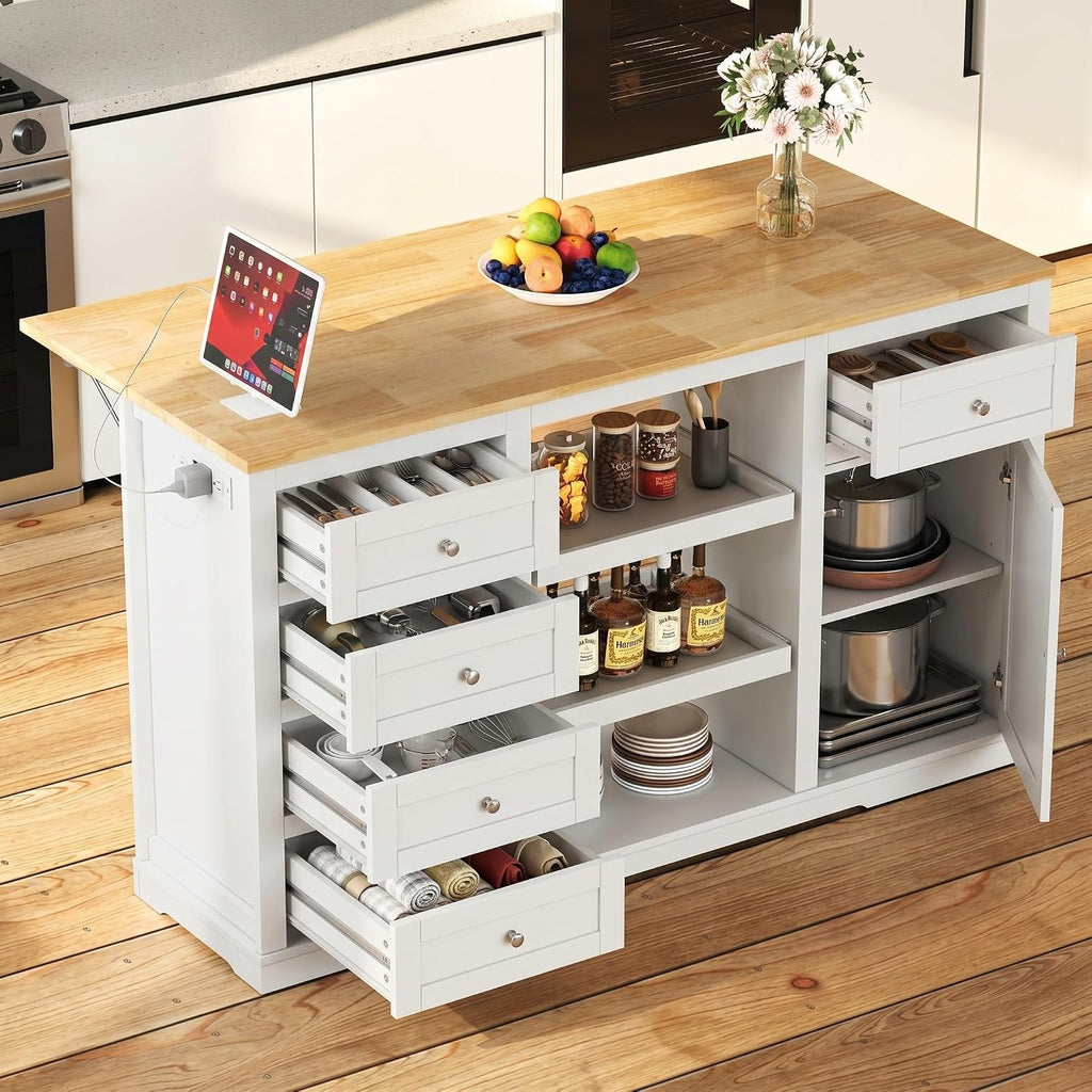 RoyalCraft 59'' Kitchen Island with Storage and Drop Leaf, Kitchen Island Table, Coffee Station Cabinet with Solid Rubber Wood Top, Pull-Out Trays, Drawers, Adjustable Shelves, Power Outlet, White