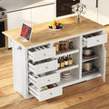 RoyalCraft 59'' Kitchen Island with Storage and Drop Leaf, Kitchen Island Table, Coffee Station Cabinet with Solid Rubber Wood Top, Pull-Out Trays, Drawers, Adjustable Shelves, Power Outlet, White