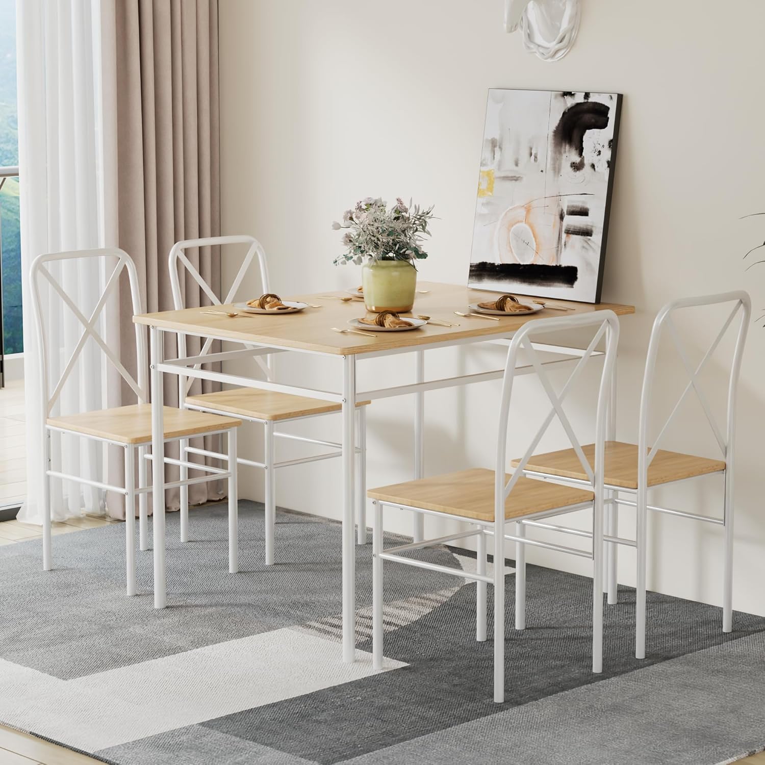 VECELO Dining Table Set for 4, 5-Piece Wood Kitchen Table with Chairs for Small Space, Breakfast Nook, Space-Saving, Natural White