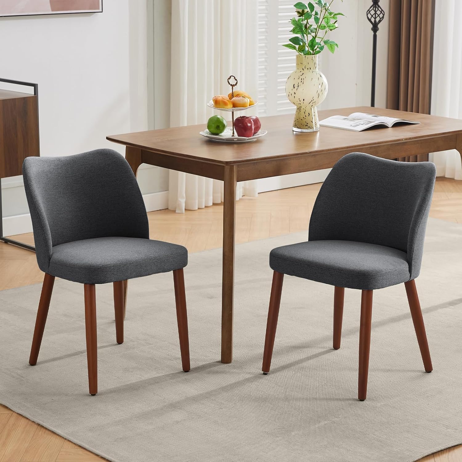 GarveeHome Linen Dining Chairs Set of 4 Upholstered Fabric Dining Chair with Wood Legs, Wing Backrest, Wooden Kitchen Chairs with Thick Cushions, Leveling Feet for Dining Room, Living Room, Dark Grey